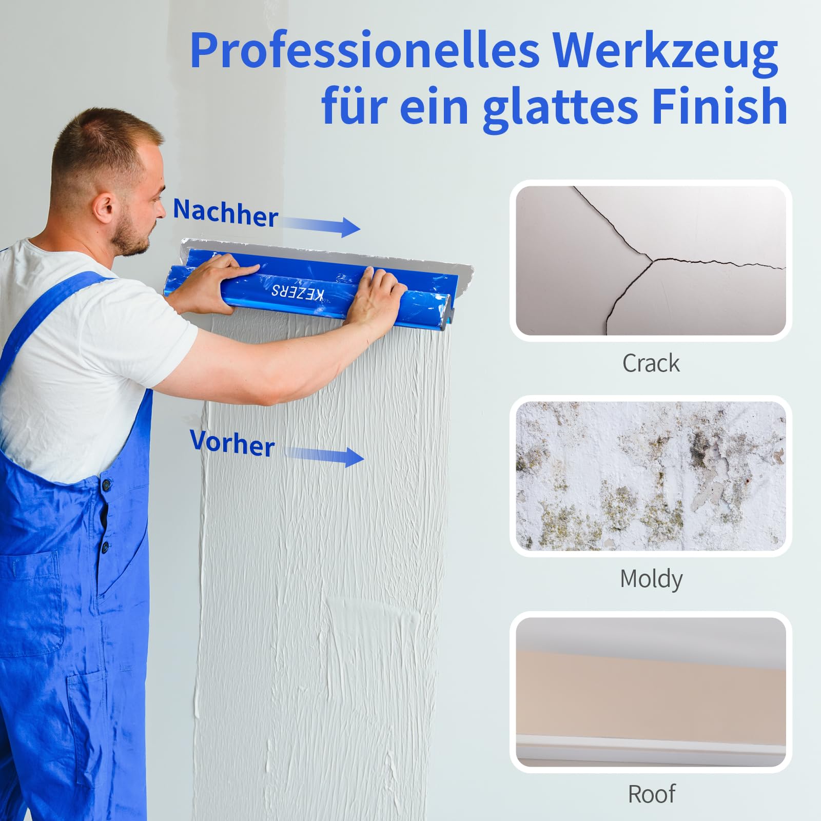 KEZERS Flächenspachtel Set 4-teilig (20 30 40 80cm) | Spachtel Werkzeug im Koffer, Ergonomischer Griff, Teleskopstange, Zum Verputzen von Wänden und Decken