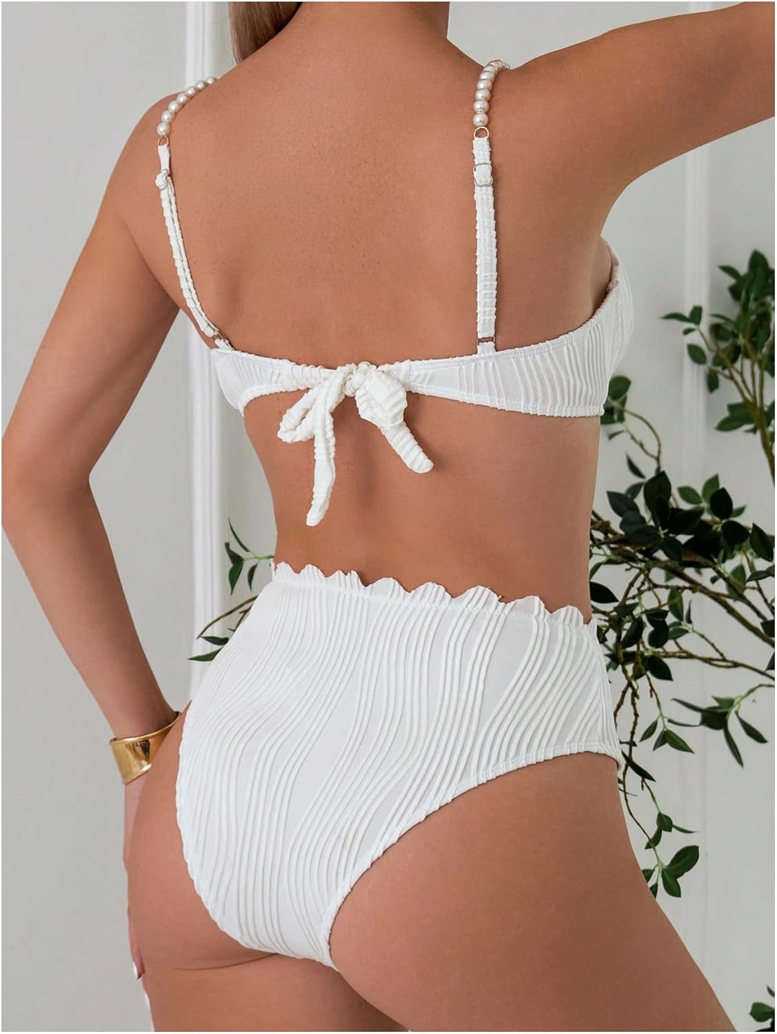 MakeMeChic Women's 2 Piece Bikini Set Textured Pearl Beaded Strap Scallop Trim High Waist Swimsuit - Image 5