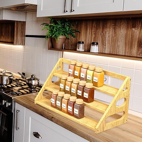 Miniatura 7 de Estante de especias  Organizador de especias escalonado para gabinete  Estante de especias de bambú de 3 niveles para encimera