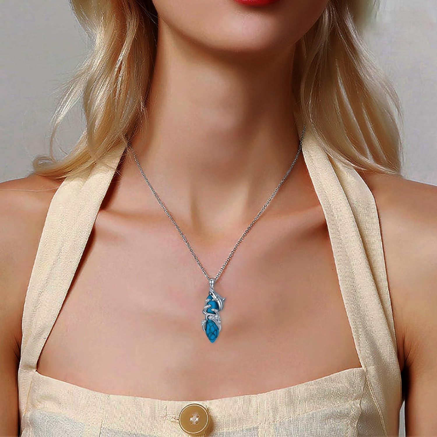 925 Sterling Silver Shark Necklace for Women Hexagonal Blue Turquoise Gemstone Birthstone Pendant Jewelry for Her
