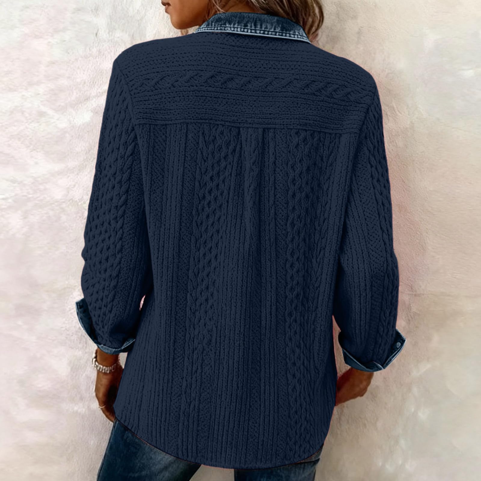 Generisch Strickjacke Damen Patchwork Übergangsjacke Denim Cardigan Langarm