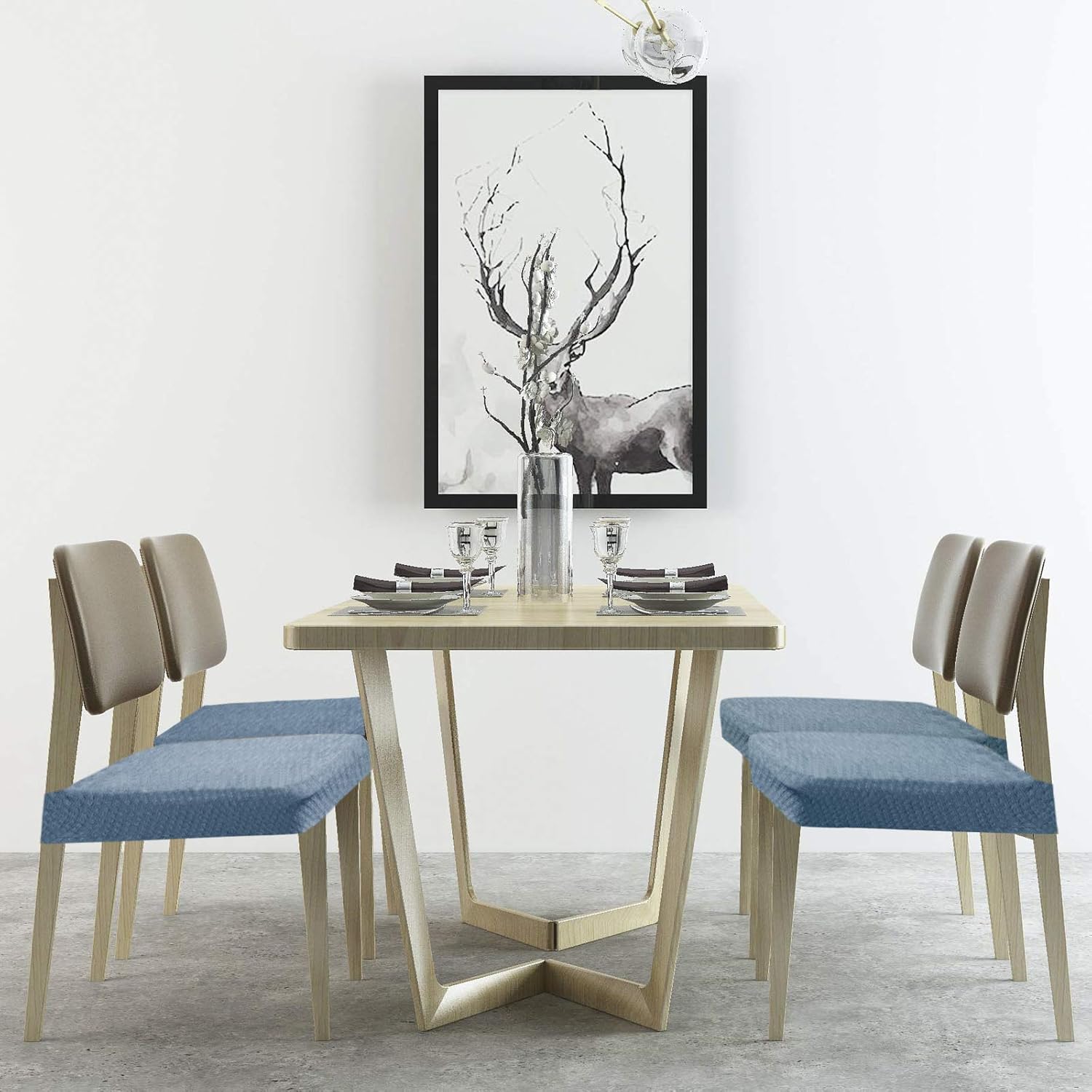 BUYUE Fast Installation Dining Room Chair Covers Set of 4, TPU not Mixed, Friendly Stretch Jacquard Seat Slipcovers for Kitchen Armless Chairs, Rear Gapped- Sky Blue- 4