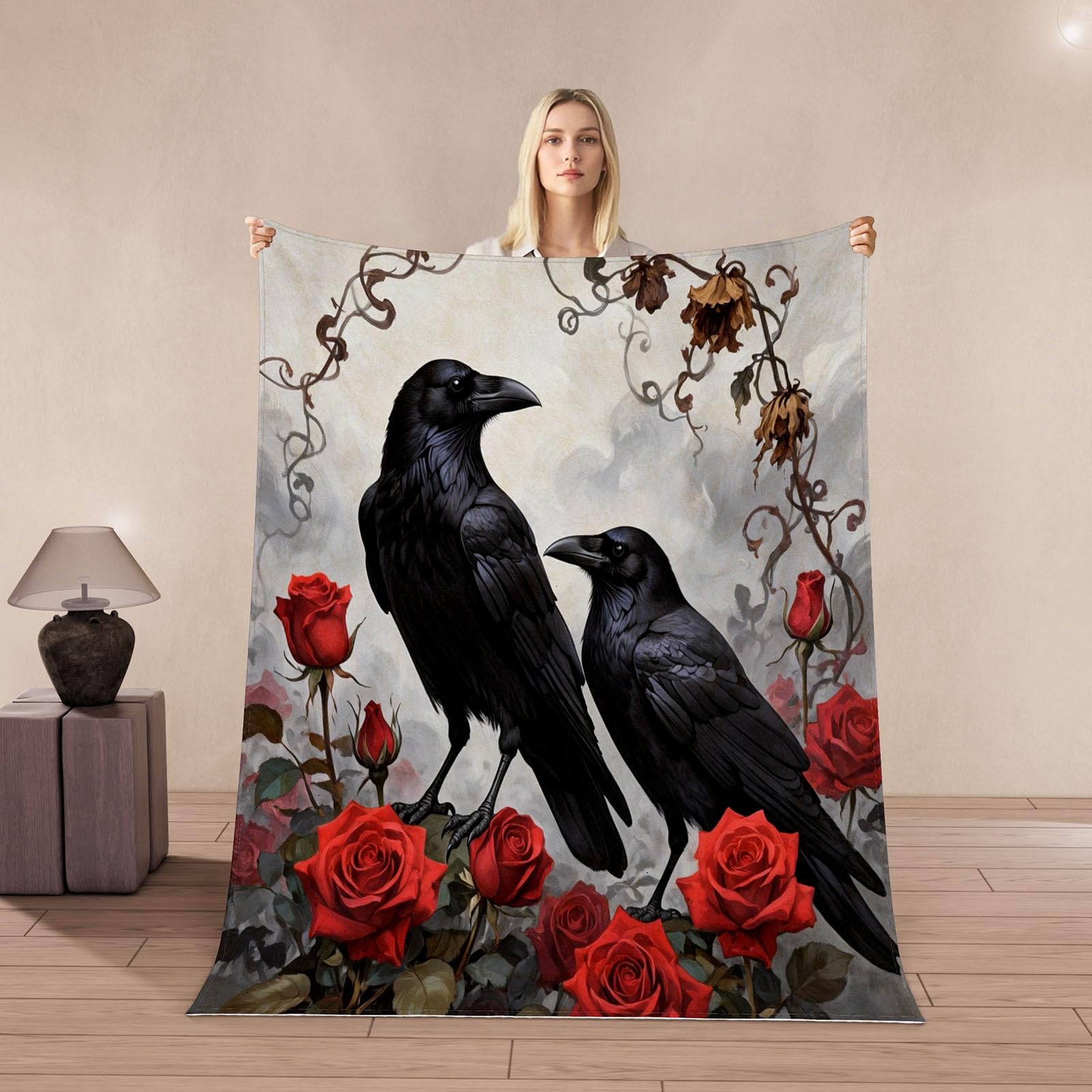Couverture corbeau anti-froid 200x200cm flanelle épaisse pour lit et canapé