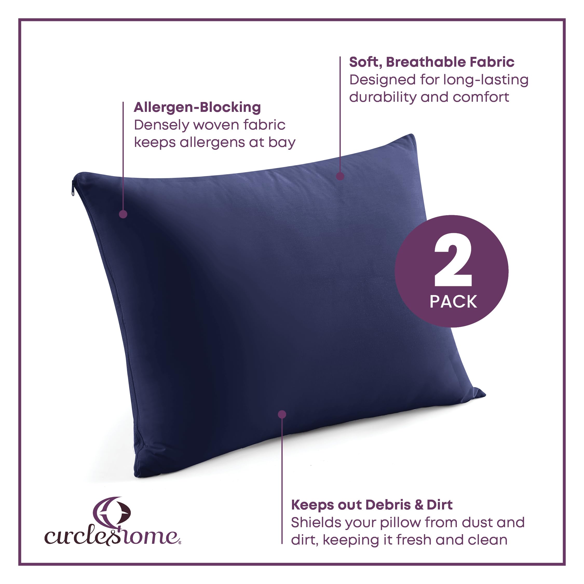 CirclesHome - 2 fundas de almohada tamaño Queen, con cremallera, 100 % algodón transpirable, protegen de la suciedad, el polvo y los residuos (50,8 x 76,2 cm)