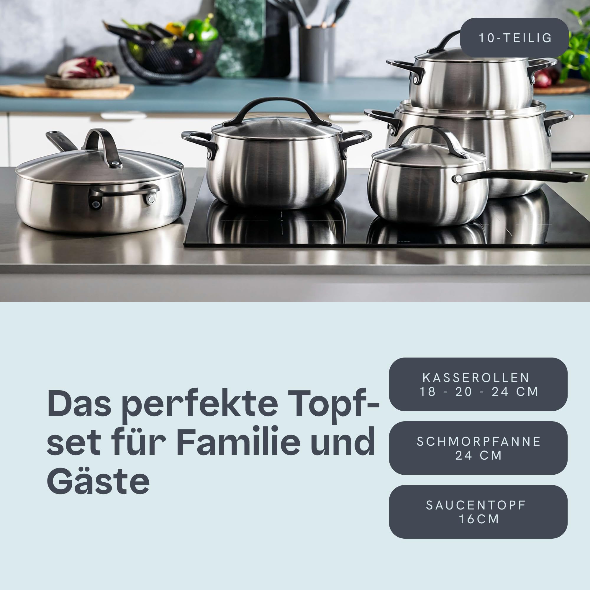 BergHOFF Home Topfset Edelstahl – 10-tlg. – Kochtopf Set mit Deckel - Töpfe Set Induktion, Ceran-, Gasherd & Elektroherd geeignet – Topf Set - schwarz