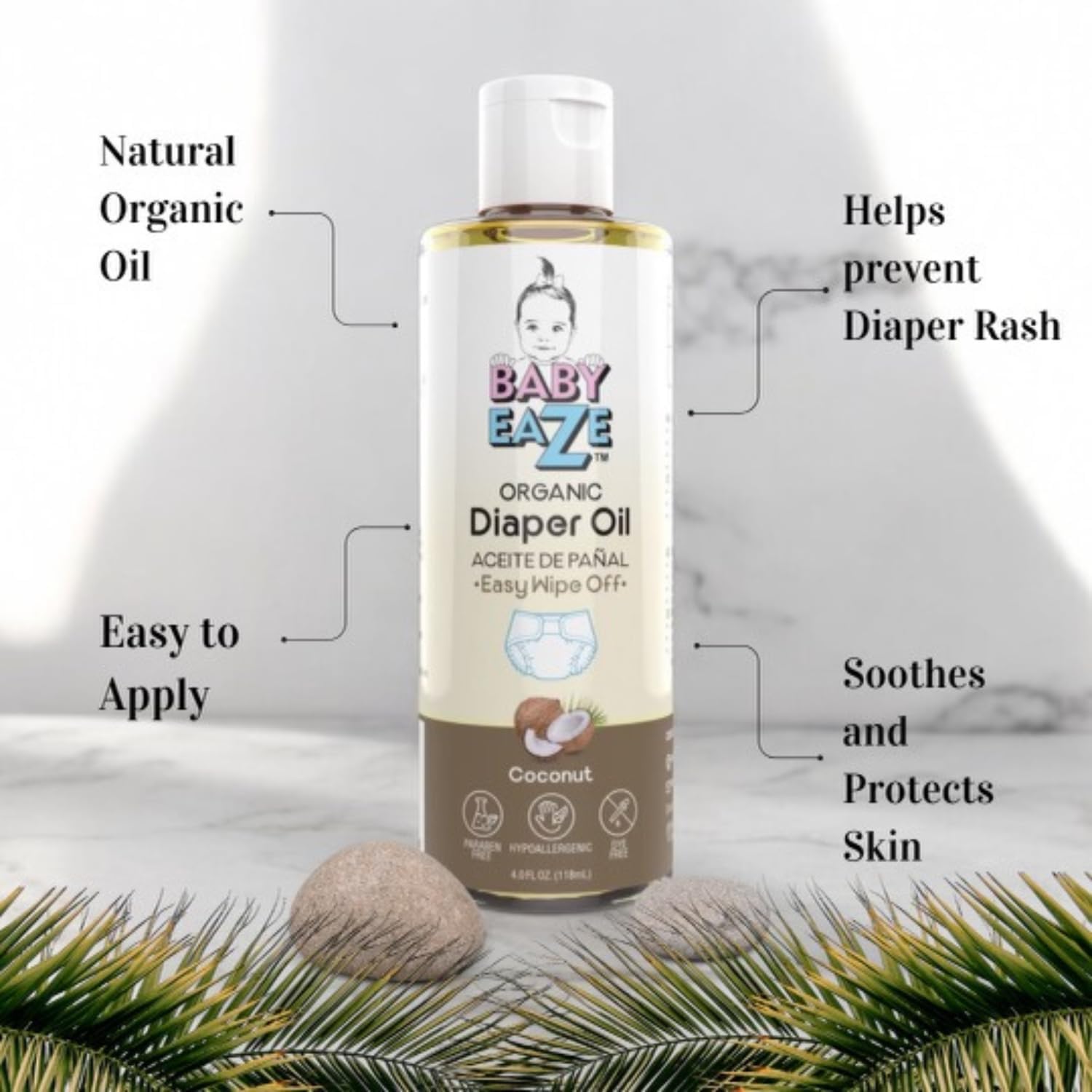 Organic Baby Diaper Oil - Gentle, Mess-Free Alternative to Rash Creams & Sprays, Hands-Free Use, Natural Coconut