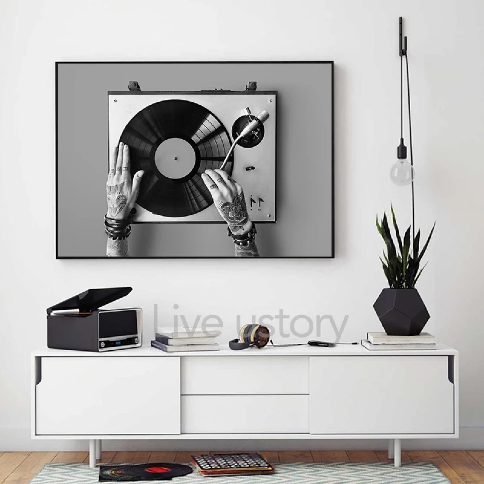 BMGKYAGL Czarno-biała płyta winylowa zdjęcie plakat obraz na płótnie vintage muzyka sztuka ścienna wydruki muzyk studio muzyczne dekoracja obraz 70 x 100 cm bez ramy