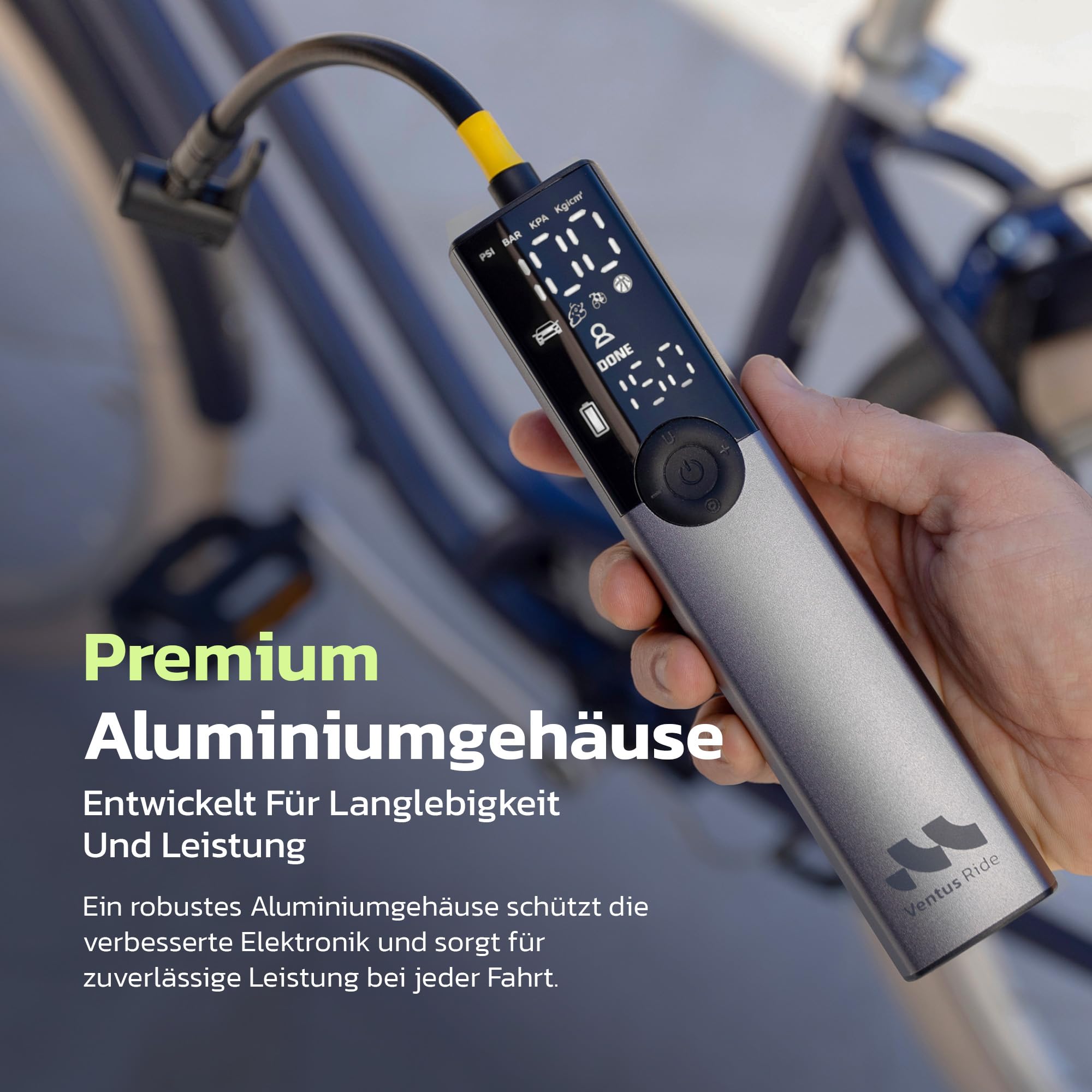 Woowind Ventus Ride Fahrradpumpe, 150 PSI/10,3 Bar, Elektrische Luftpumpe, Aufpumpen in 1 Minute, Akku Kompressor mit Presta-, Schrader-, Dunlop-Ventil für Rennrad, Mountainbike & E-Bike, Auto-Stopp