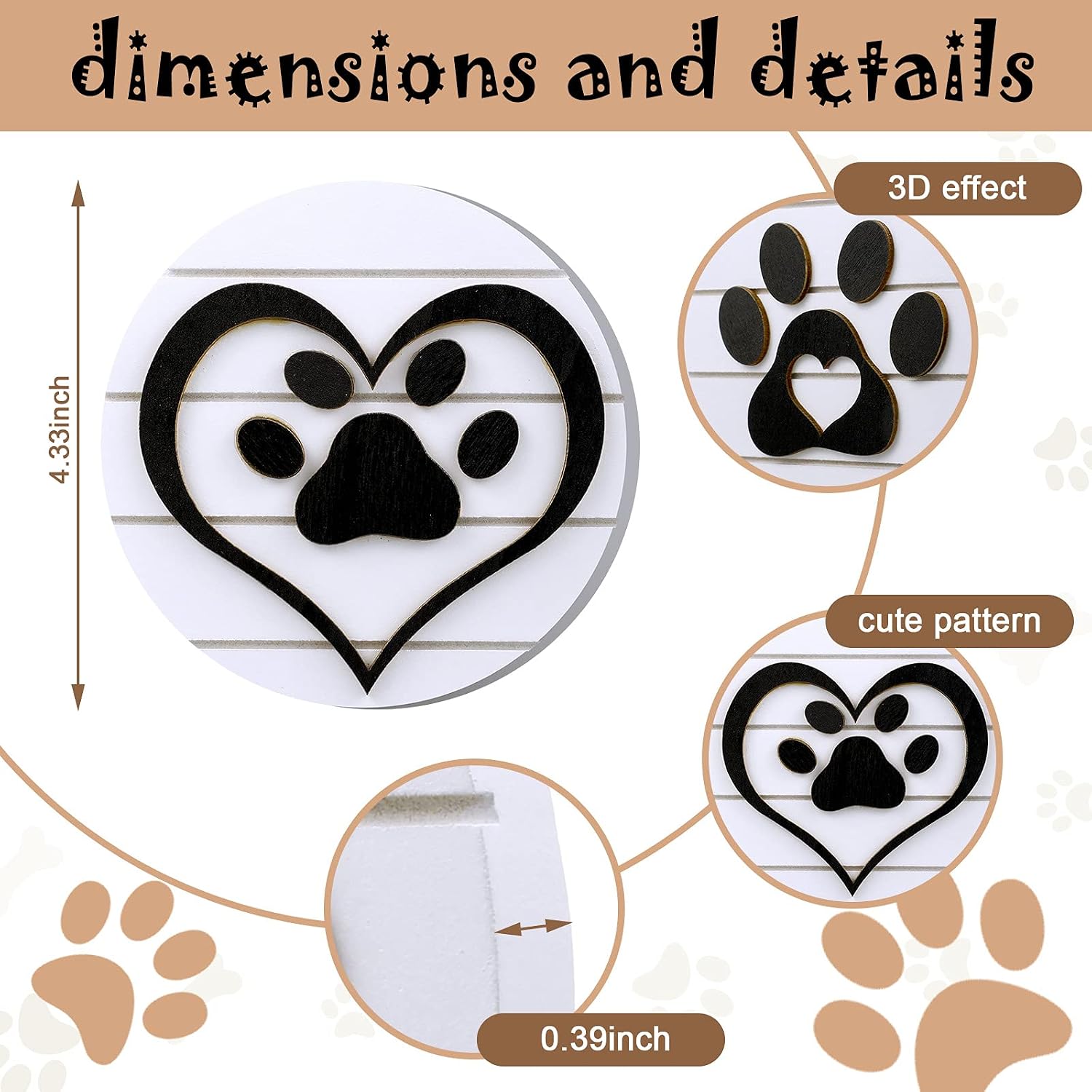 Jetec 2 Pieces Wooden Paw Sign Pet Print Dog Paw Wood Decor Farmhouse Tiered Tray Decorations Rustic Round Ornaments for Window Sill Table