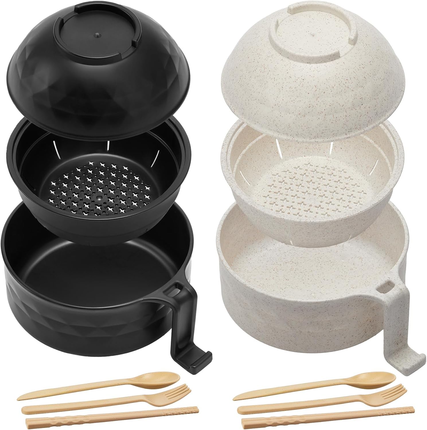 2 Sets Microwave Ramen Cooker Bowl Set with Spoon Chopsticks Fork Wheat Fiber Instant Noodle Bowl with Handles Ramen Kit for College Dorm Room Apartment Essentials