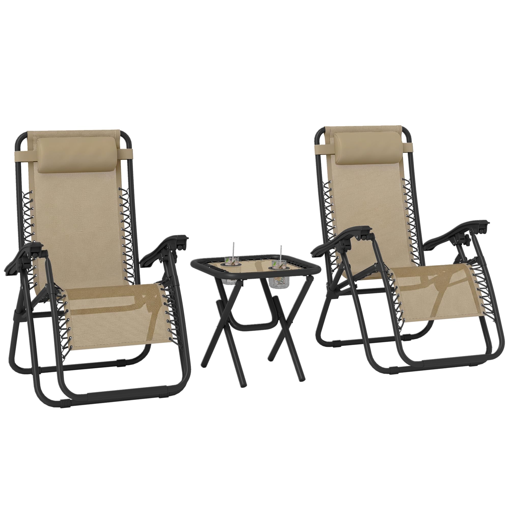 Outsunny Folding Zero Gravity Chairs, 3 Pieces Adjustable Sun Lounger and Table Set with Cup Holder and Headrest, Patio Bistro Set with Reclining Garden Chairs for Outdoor, Beige