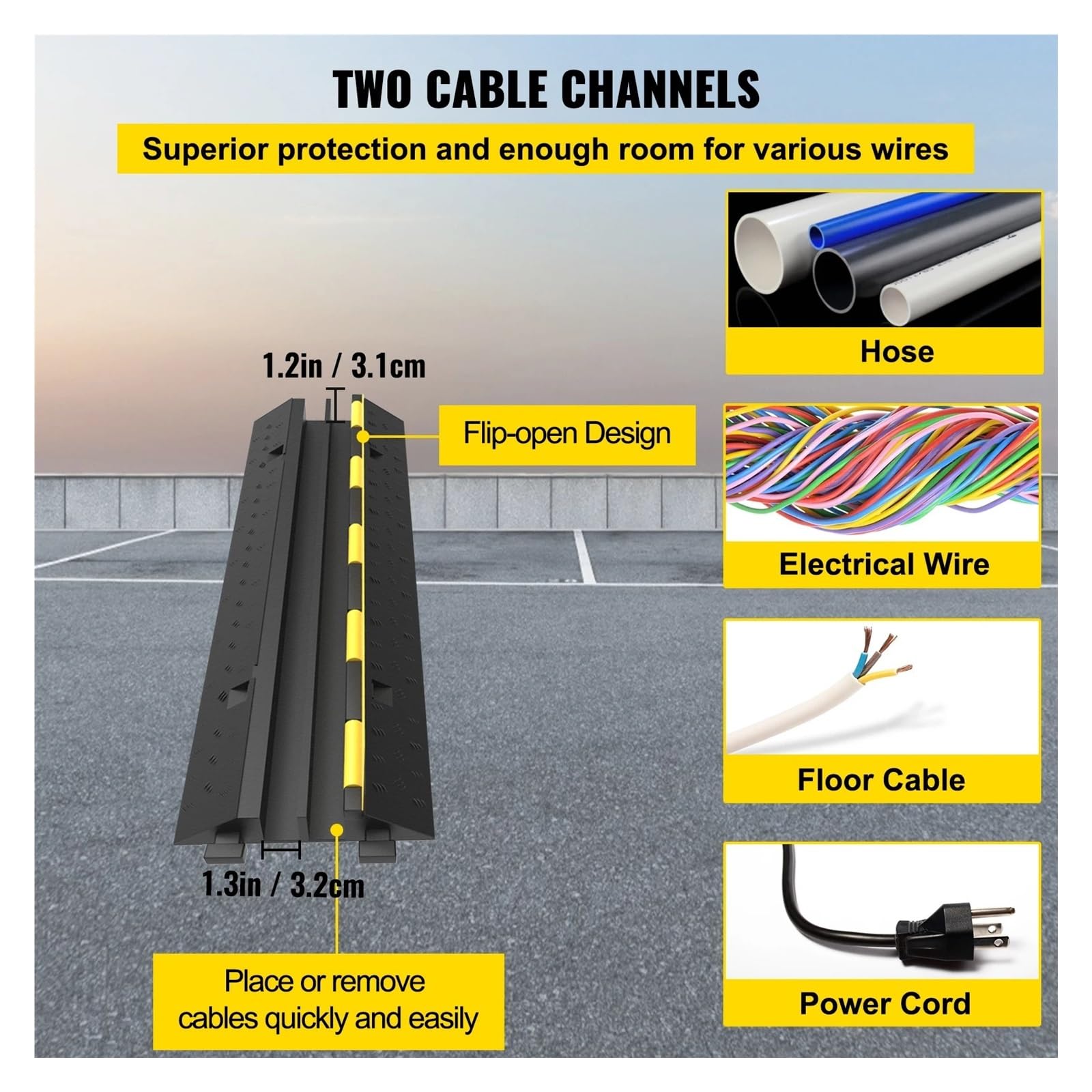 Rampa de Protección de Cable Protector de Cable for rampas, Cubierta for Cables, Protector, 2 Canales, Goma + PVC, Reductor Velocidad, estacionamientos, entradas vehículos, tráfico(4PCS)