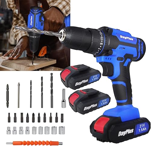 Taladro combinado inalámbrico y destornillador eléctrico, destornillador eléctrico con baterías de 2 x 21 V, carga rápida de 1 hora, portabrocas de