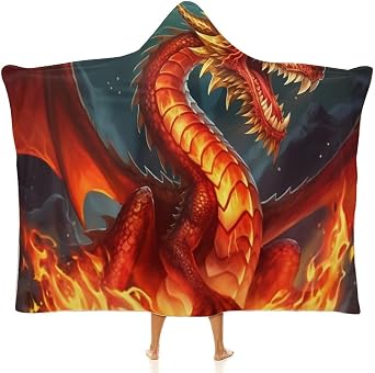 Dragon King in Fire Hooded Blanket Soft Arctic Velvet Blanket Hoodie Wearable Blankets All Season Blankets for Bed