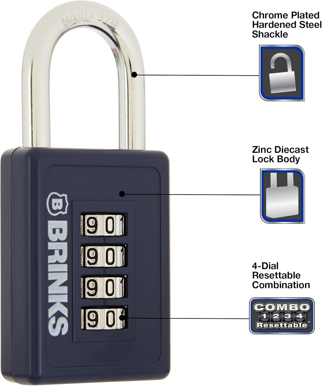 Collage of images showing the BRINKS padlock used in various scenarios: on a locker, a toolbox, a storage unit, and a gate latch.
