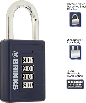 BRINKS - 40mm 4-Dial Resettable Sports Padlock - Zinc Die-Cast Body with Chrome Plated Shackle, Navy