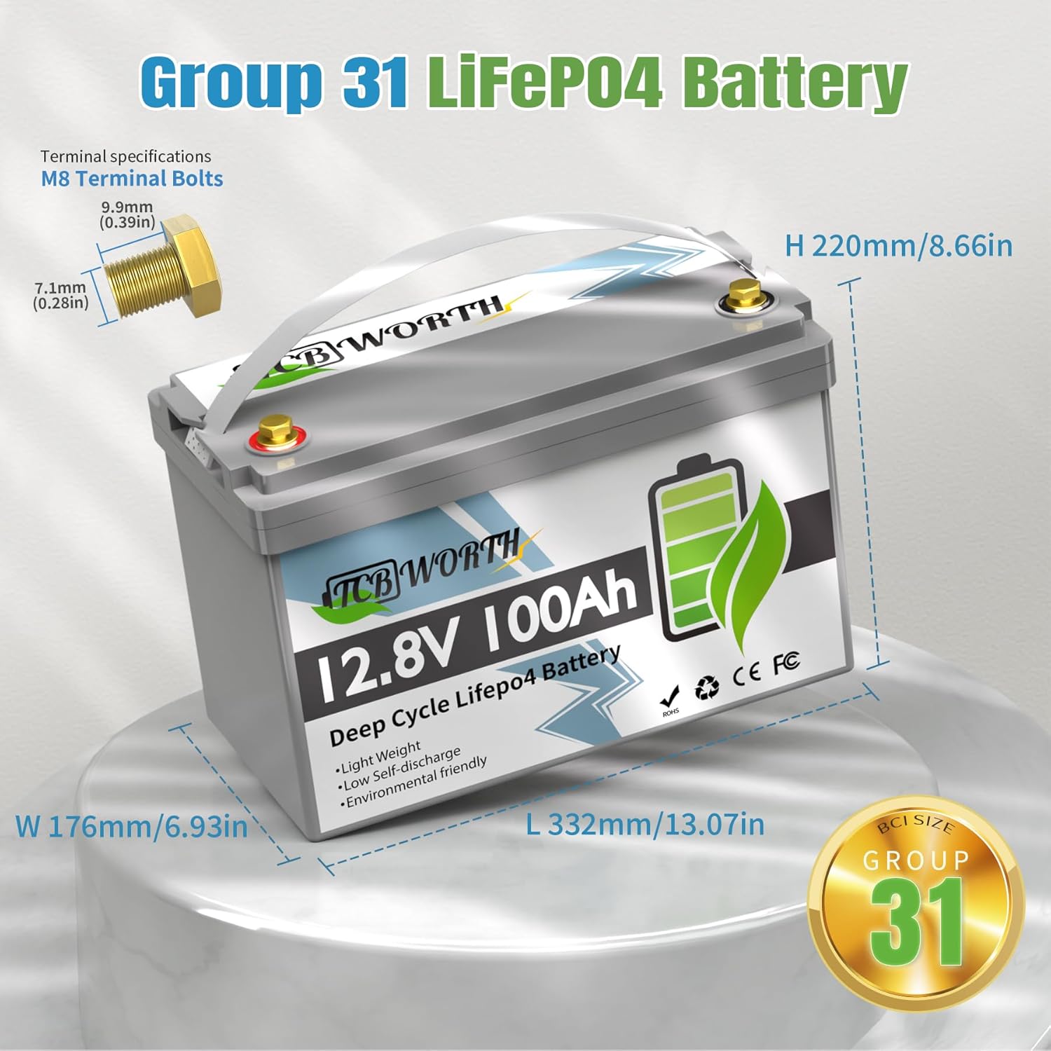 12V 100Ah LiFePO4 Battery, Rechargeabel Deep Cycle Lithium Batteries, 100A BMS with Low-Temp Protection, Perfect for RV, Solar, Boat, Trolling Motor