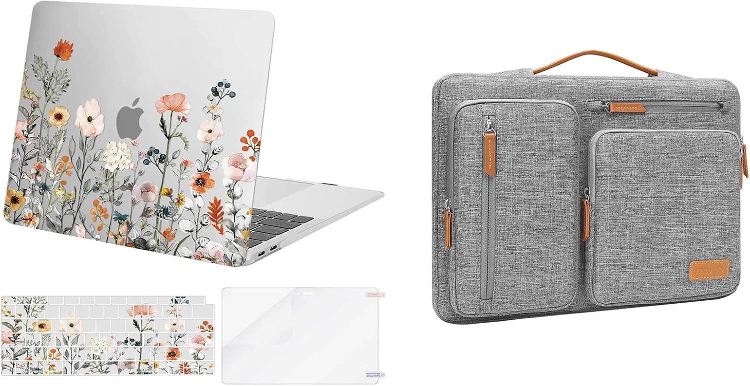 MOSISO Compatible with MacBook Air 13 inch Case 2022 2021 2020 2019 2018 Release A2337 M1 A2179 A1932,Plastic Garden Flowers Hard Case&Keyboard Cover&Screen Protector&Bag with Pockets,Transparent&Gray