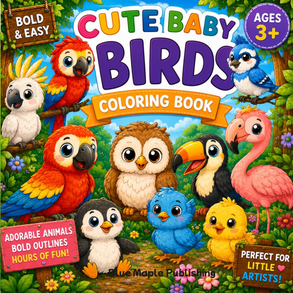 Cute Baby Birds Coloring Book: Bold & Easy Coloring Pages for Kids Ages 3+