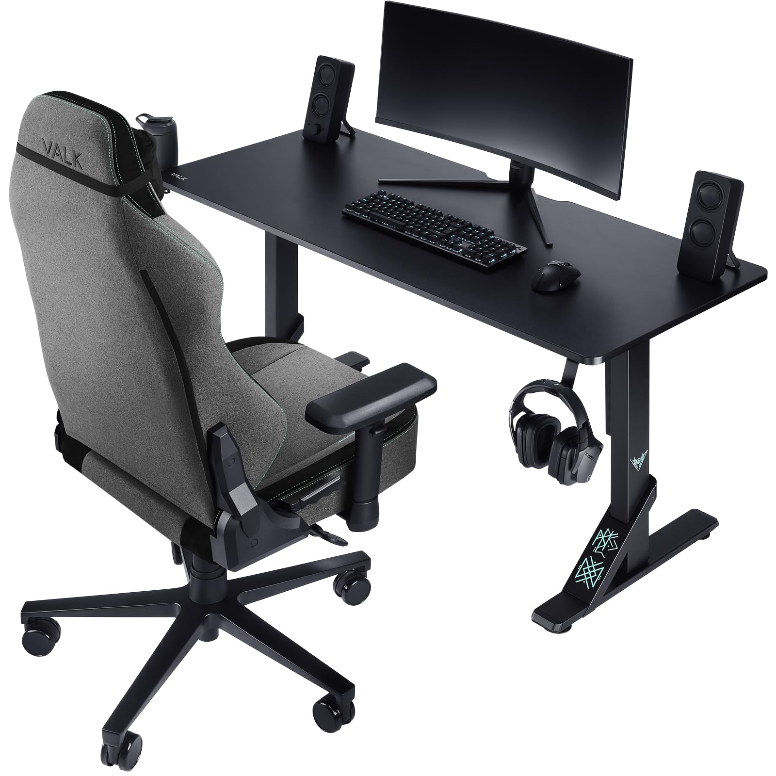 VALK Skuld - Bureau Gaming 136x60 cm, Hauteur Réglable 71-81cm, Supporte jusqu'à 100 Kg, Porte Gobelet, Repose Casque, Garantie 3 Ans, Table Gamer pour Ordinateur PC, Bureau Informatique (Noir)