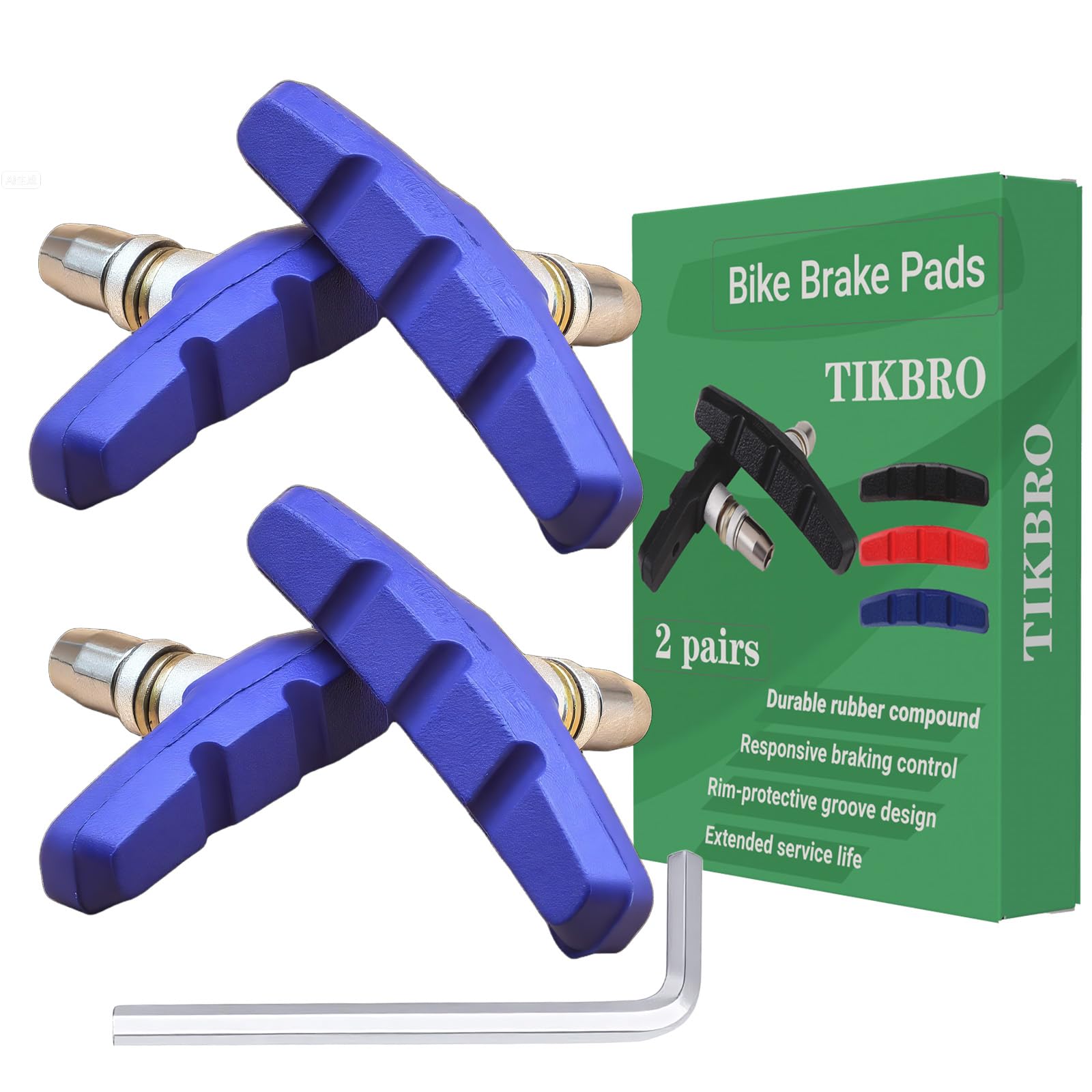 TIKBRO Bike Brake Pads 2 Pairs with Hex Nuts V Brake Pads for bicycle No Noise Long 70mm Brake Blocks for Mountain Bikes