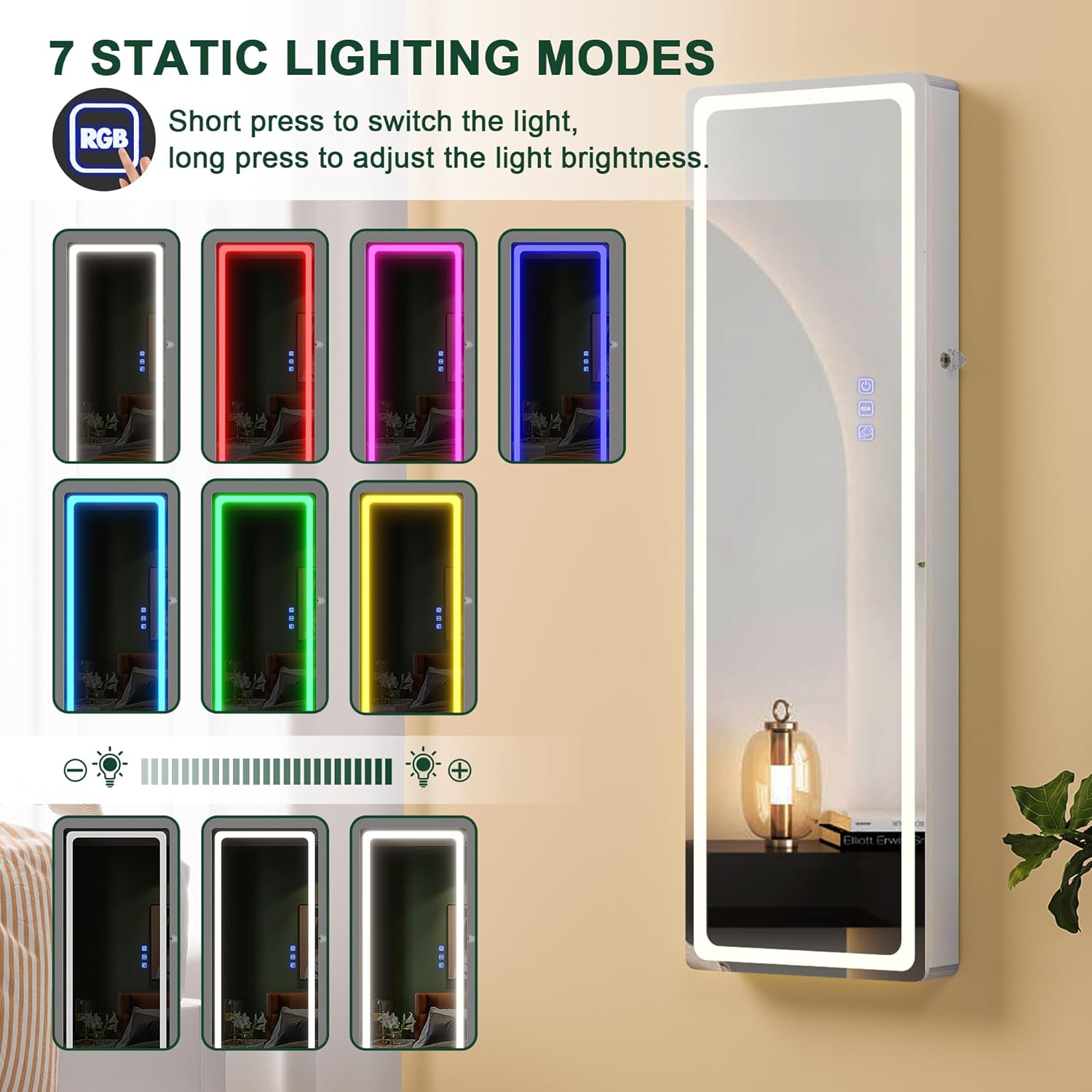 HNEBC LED Mirror Jewelry Cabinet with RGB Lights,47.2" Wall Mounted Jewelry Organizer with Full-Length Mirror,Over The Door Hanging Jewelry Armoire Storage Cabinet,Folding Dresser,2 Drawers,Lockable - Image 9