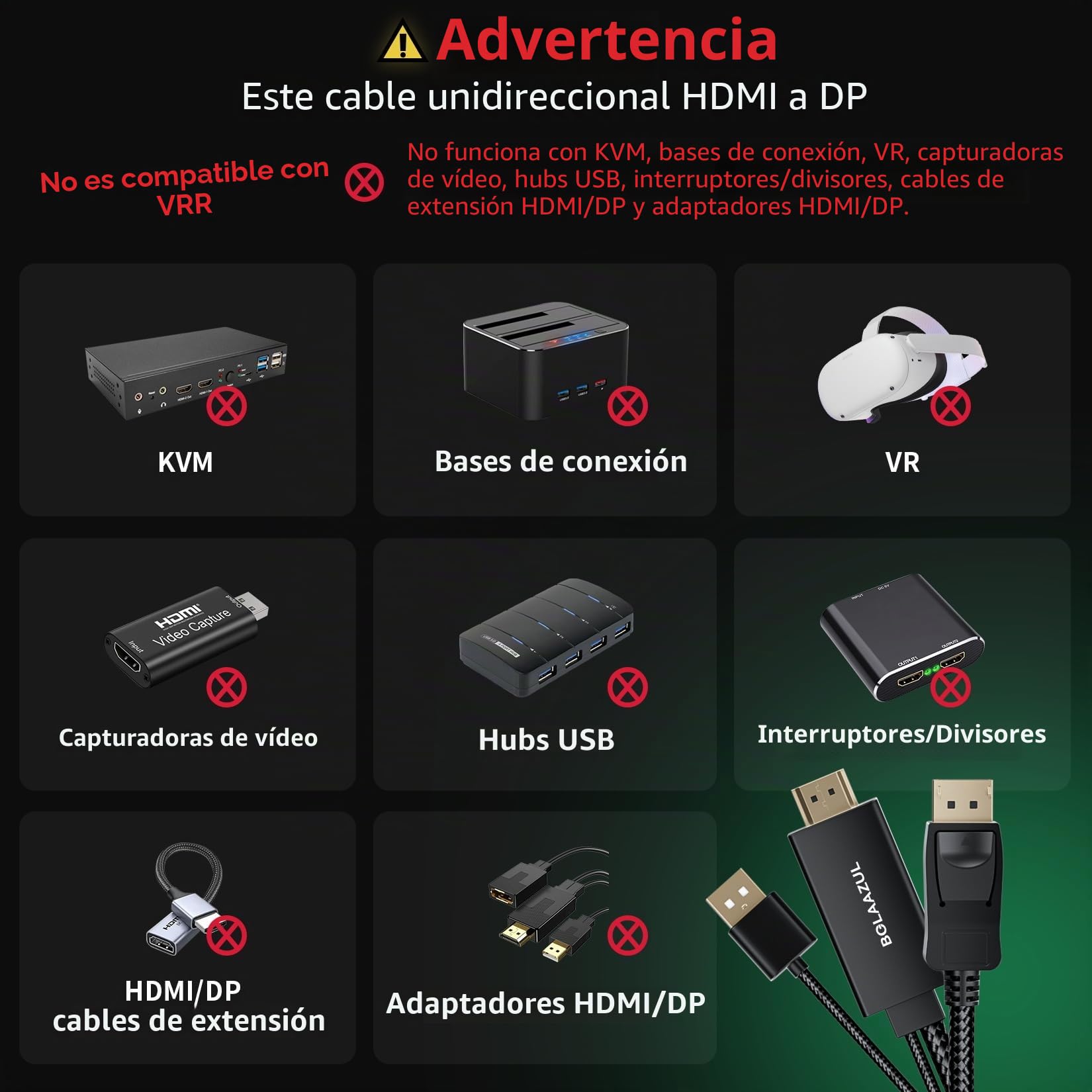 BolAAzuL Cable HDMI a DisplayPort 4K @60Hz Negro, Unidireccional, Monitor Alimentado por USB, Entrada HDMI Macho a DP Macho Salida Convertidor