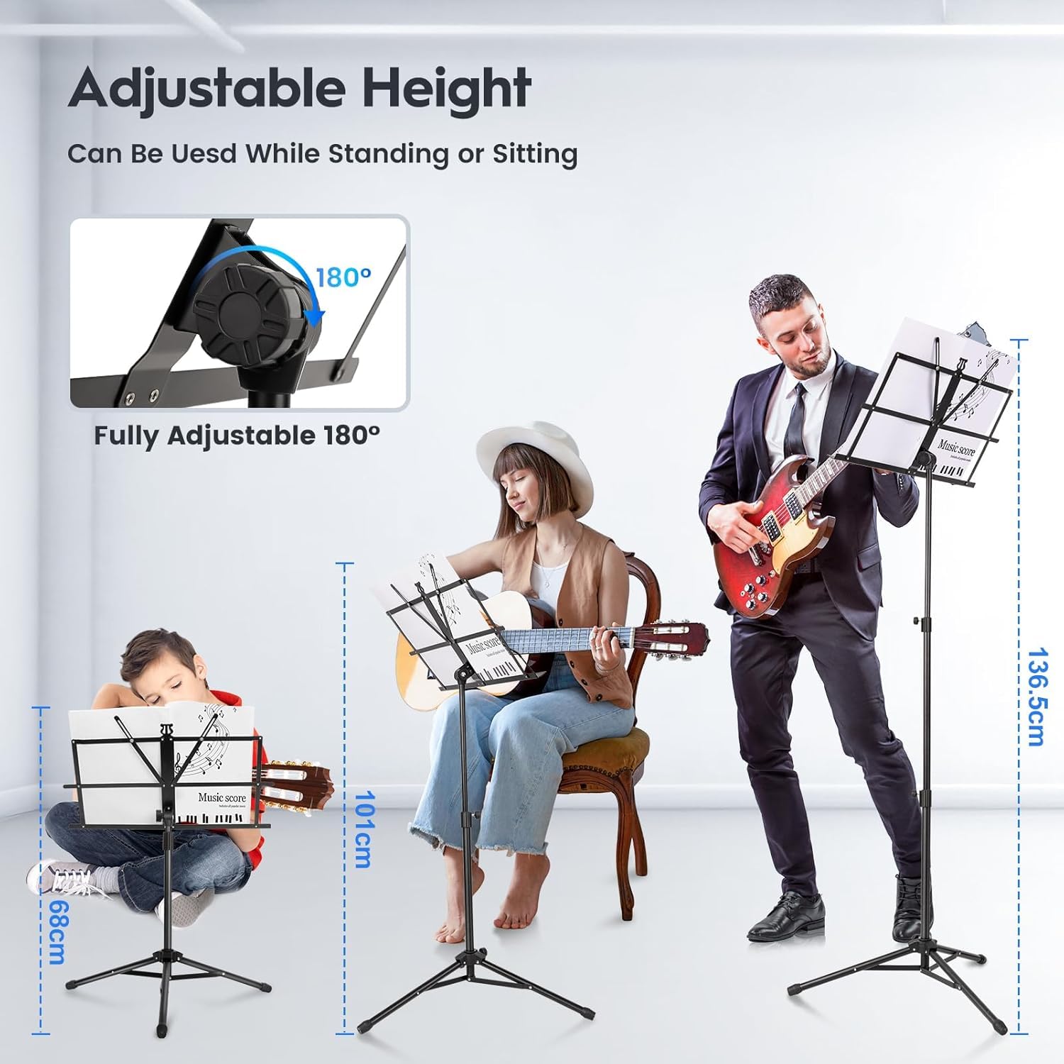 New Bee Foldable Music Stand Stable Dual Use Music Stand Guitar Height Adjustable Music Stand with Carry Bag Music Stand for Children and Adults - Image 2
