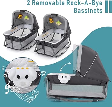 Twin Bassinet & Full-Size Infant Bedside Bassinet & Playard for Baby, Includes 2 Removable Rock-A-Bye Portable Bassinets with Storage Bags, Gray