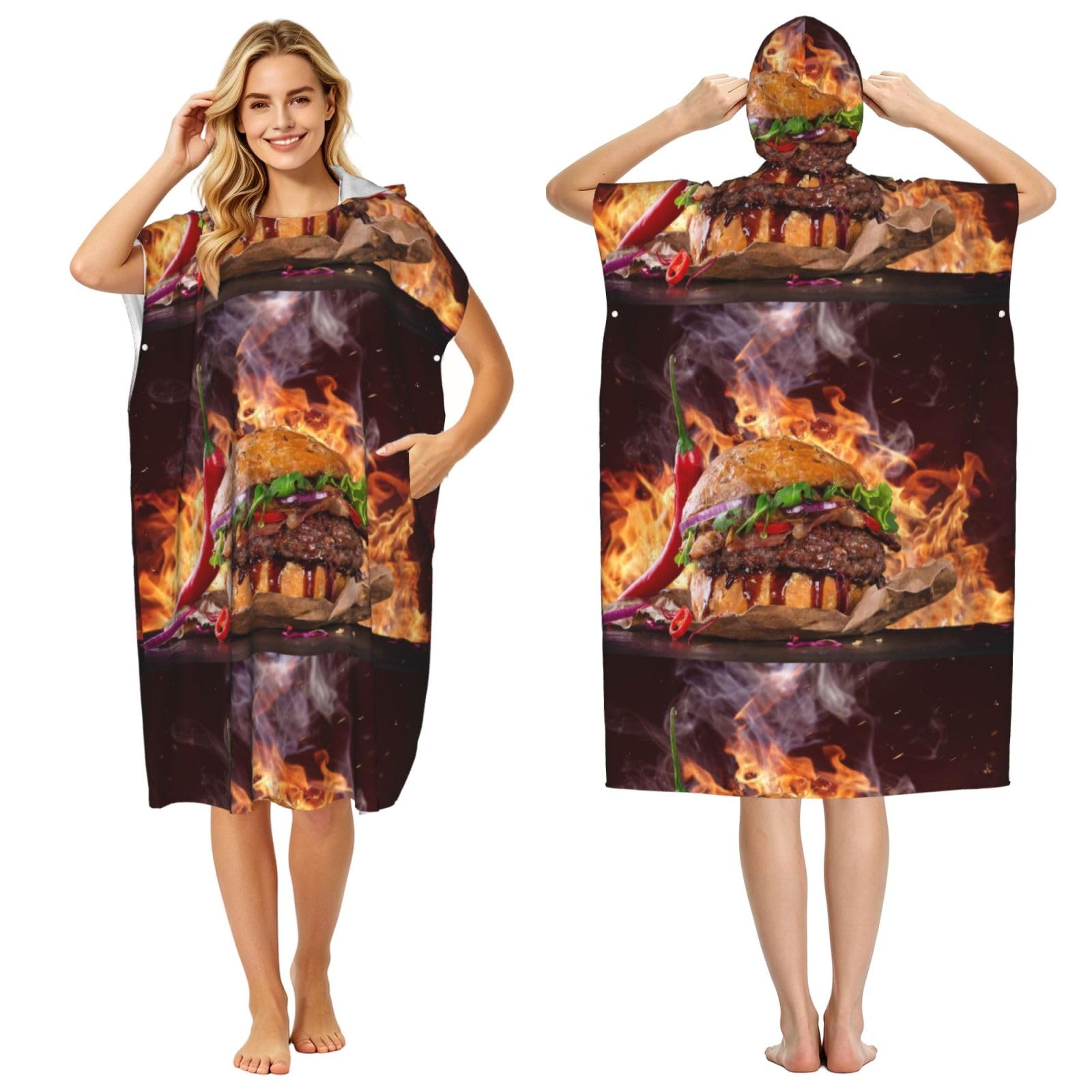 Poadnly Hamburger Steak Fast Food Print, Adult Hooded Beach Towel 90 x 110 cm,Changing Bath Robe, Surf Poncho Towel For Women Men