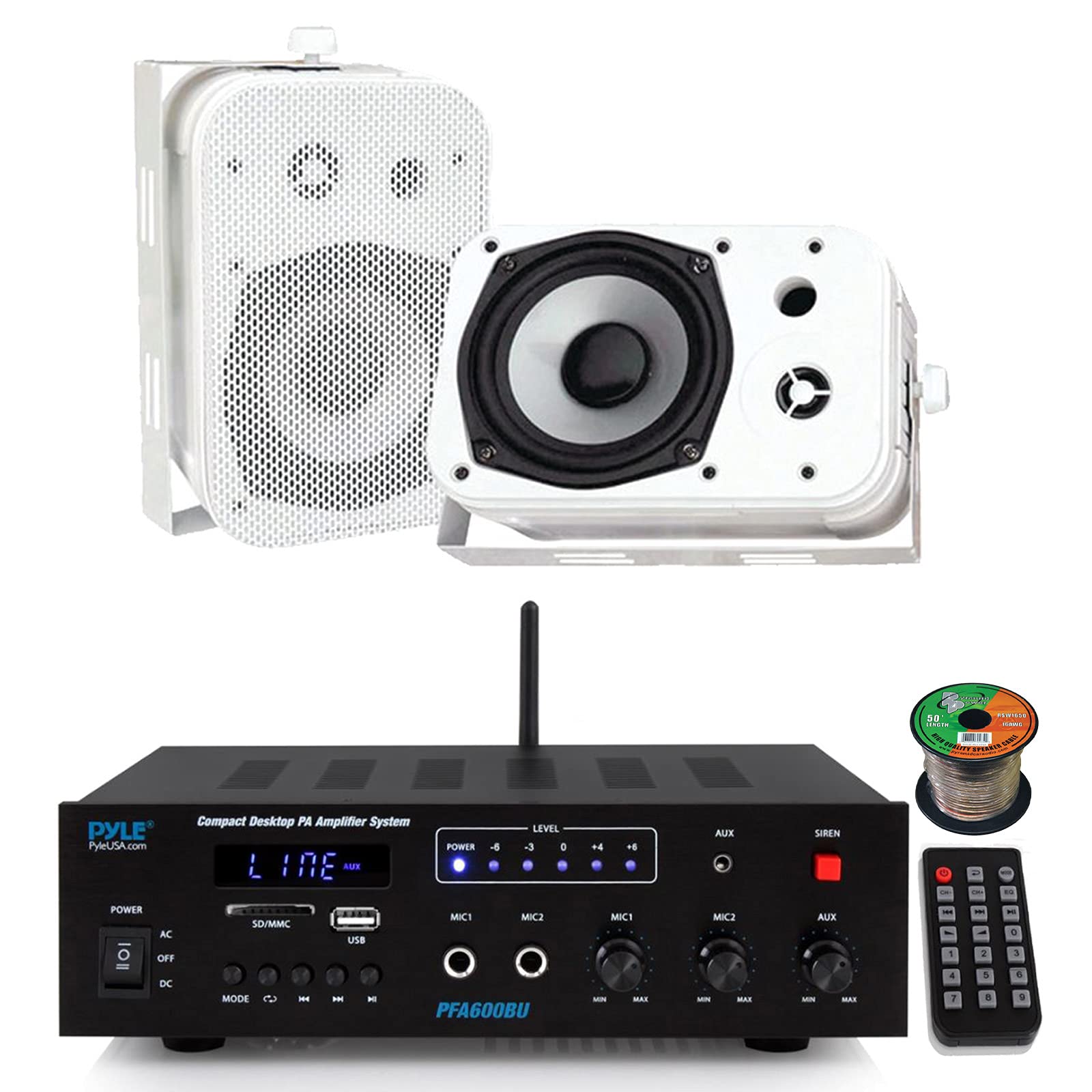 Pyle PFA600BU Compact Bluetooth USB AUX FM Radio Public Address Amplifier Receiver System Combo Bundle with 2X 5.25 400W Max Power Indoor/Outdoor White Waterproof Speakers, 16 Gauge Speaker Wire