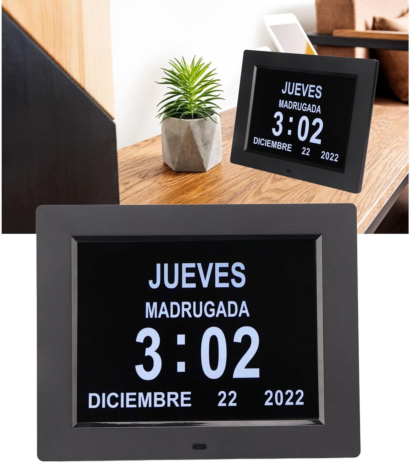 Yunir Digital Day Calendar Clock, 8 Inch Auto Dimming Reminder Electronic Calendar Alarm Day Clock with Large Font Display, Supports Multiple Languages, (US Plug)