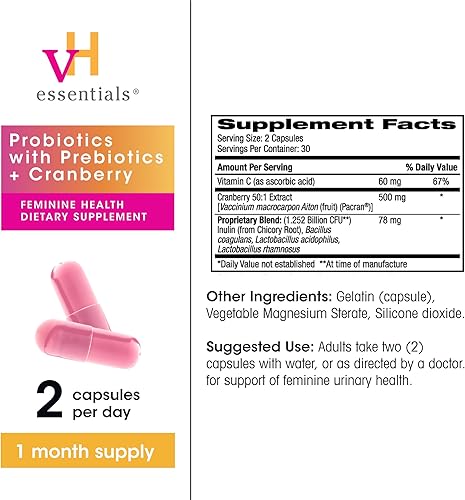 Miniatura 5 de vH essentials Probióticos para mujeres con prebióticos, arándano y vitamina C  120 cápsulas  Paquete de 2  Probióticos vaginales que apoyan el