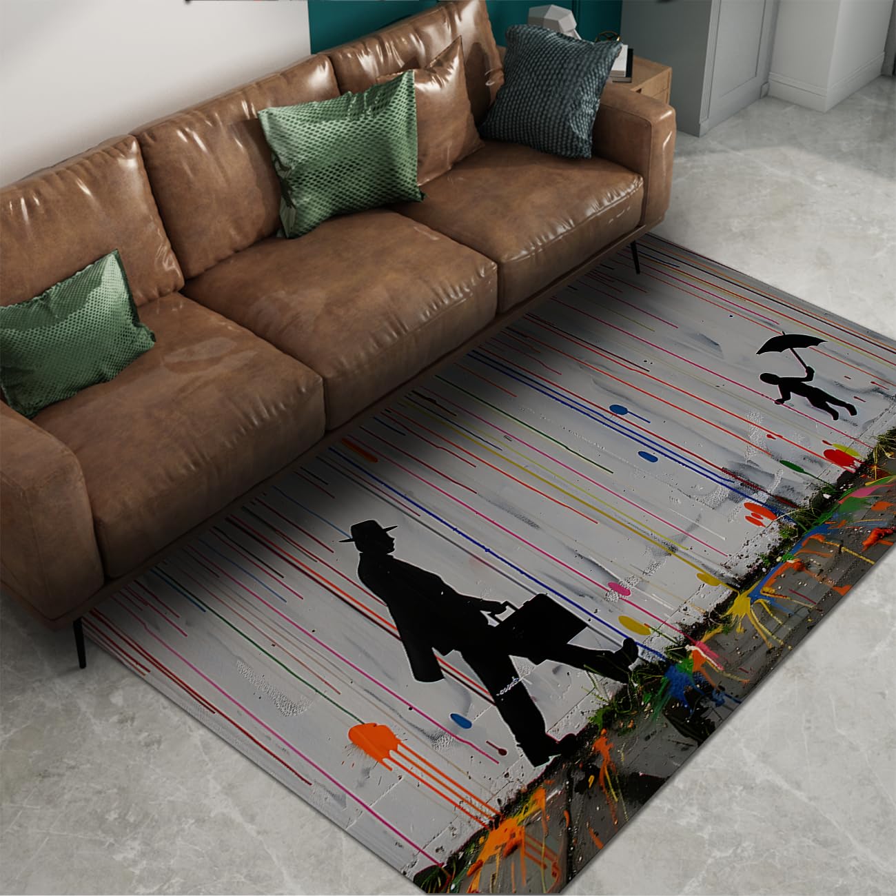 Tapis silhouette père et fils motif graffiti pour un salon chaleureux
