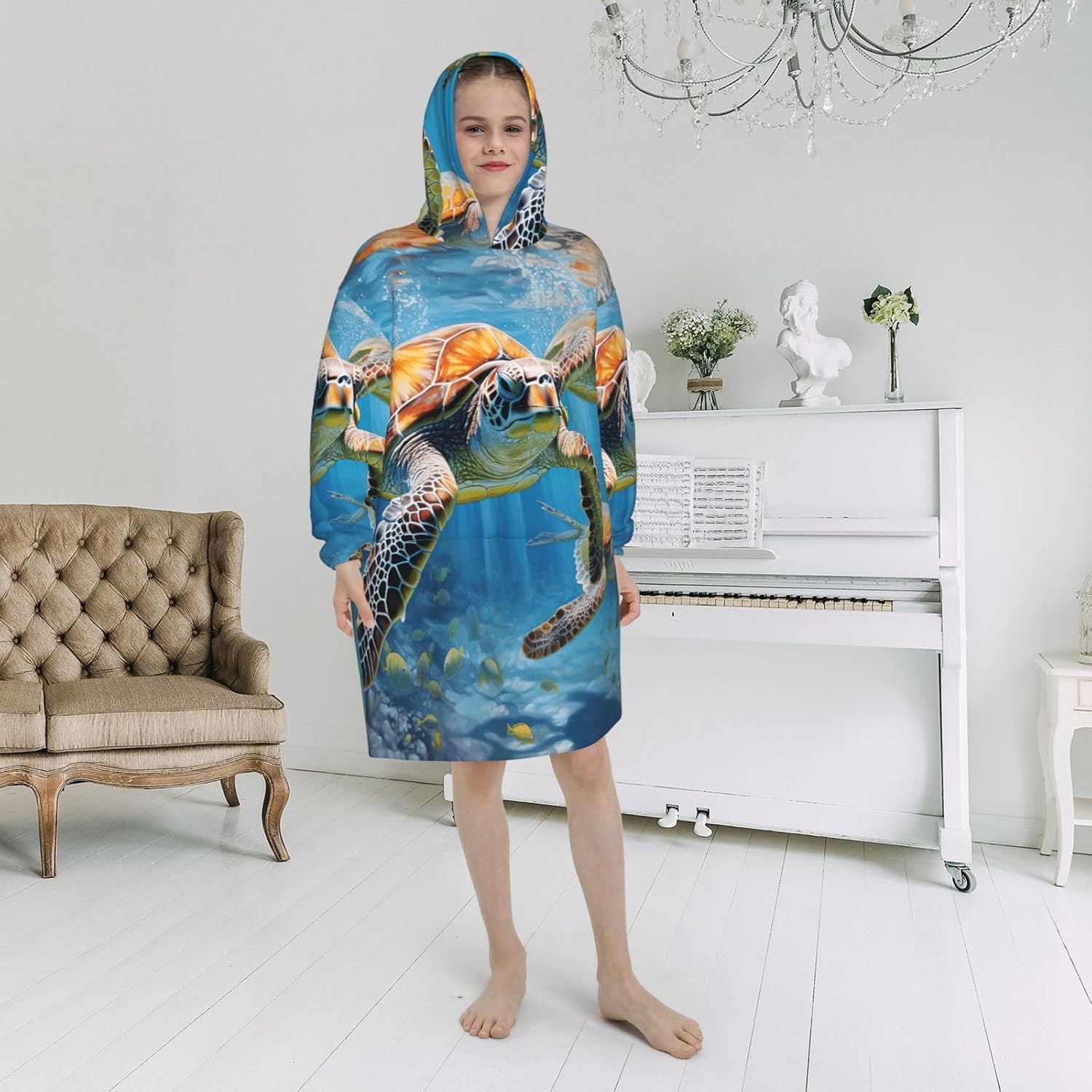 Sea Turtles Print Oversized Blanket Hoodie, Wearable Blanket Hooded,Hooded Pullover With Pocket