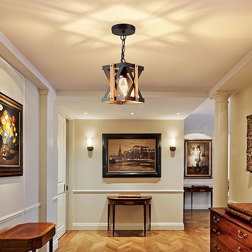 Miniatura 8 de OQIZUEY Rustic Farmhouse Pendant Light Adjustable Chains 1-Light Mini Industrial Metal and Wood Hanging Light Fixture Black Cage Chandelier for