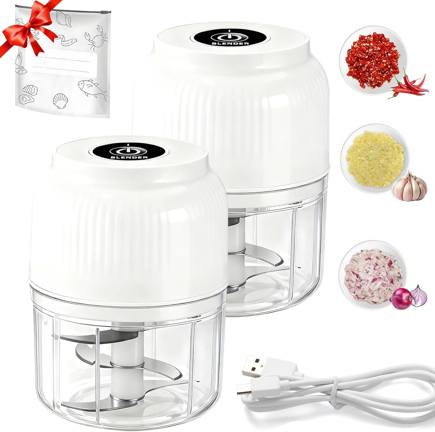 Electric Garlic Chopper,Mini Portable Veggie Chopper, Mini Garlic Chopper, Electric Food Chopper Tool, USB Rechargeable, For Mashing Onion, Garlic, Chili, Ginger (2Pcs White)