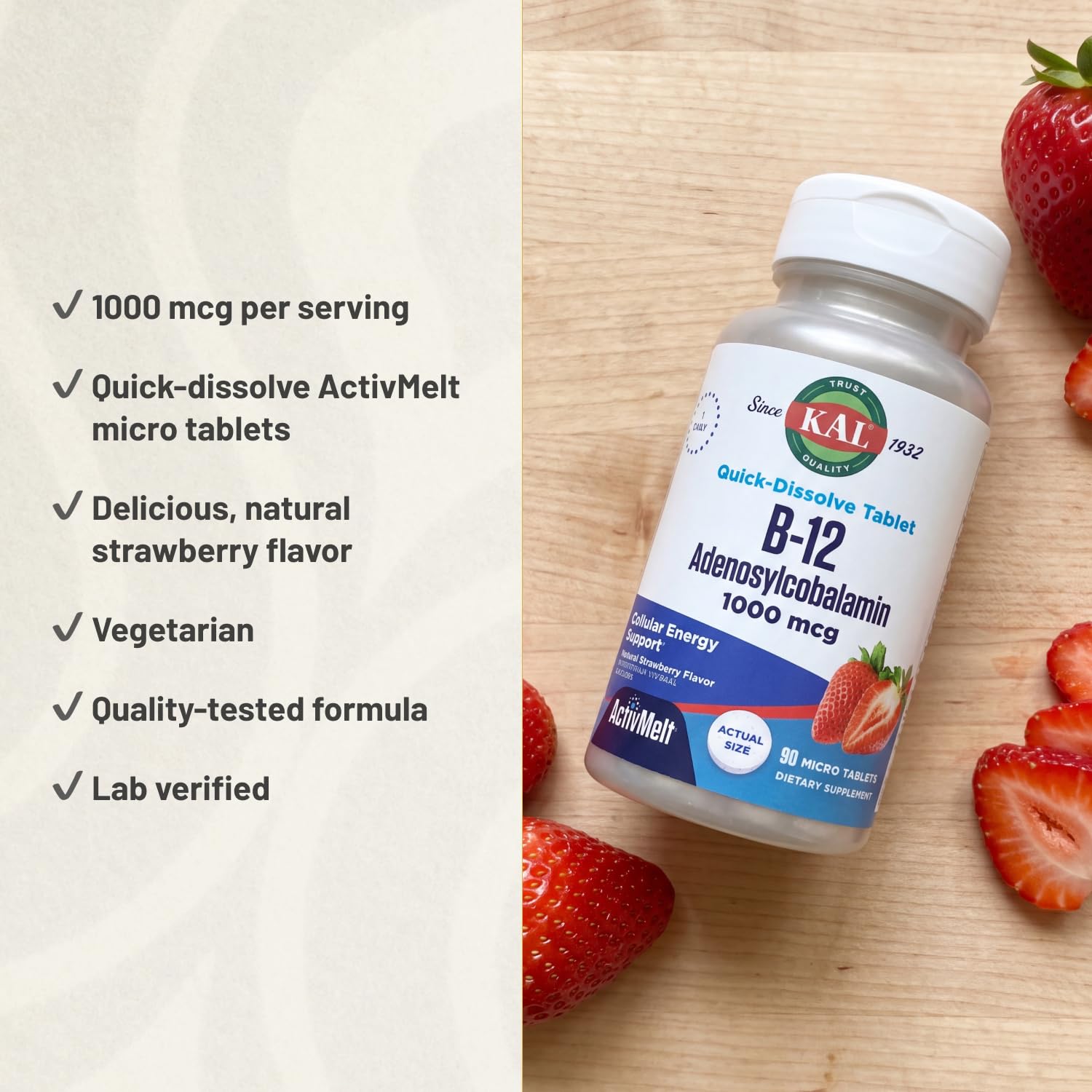 KAL Vitamin B12 1000 mcg as Adenosylcobalamin - Active Form of B12 Vitamins - B 12 Supports Cellular Energy, Nerve Function, Red Blood Cell Production - Natural Strawberry Flavor - 90 ActivMelts — Amazon image 4