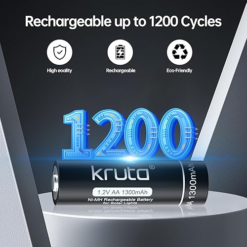 Miniatura 7 de Kruta Ni-MH - Baterías recargables AA, paquete de 12 baterías solares AA recargables de 1.2 V 1300 mAh de alta capacidad precargadas doble A para
