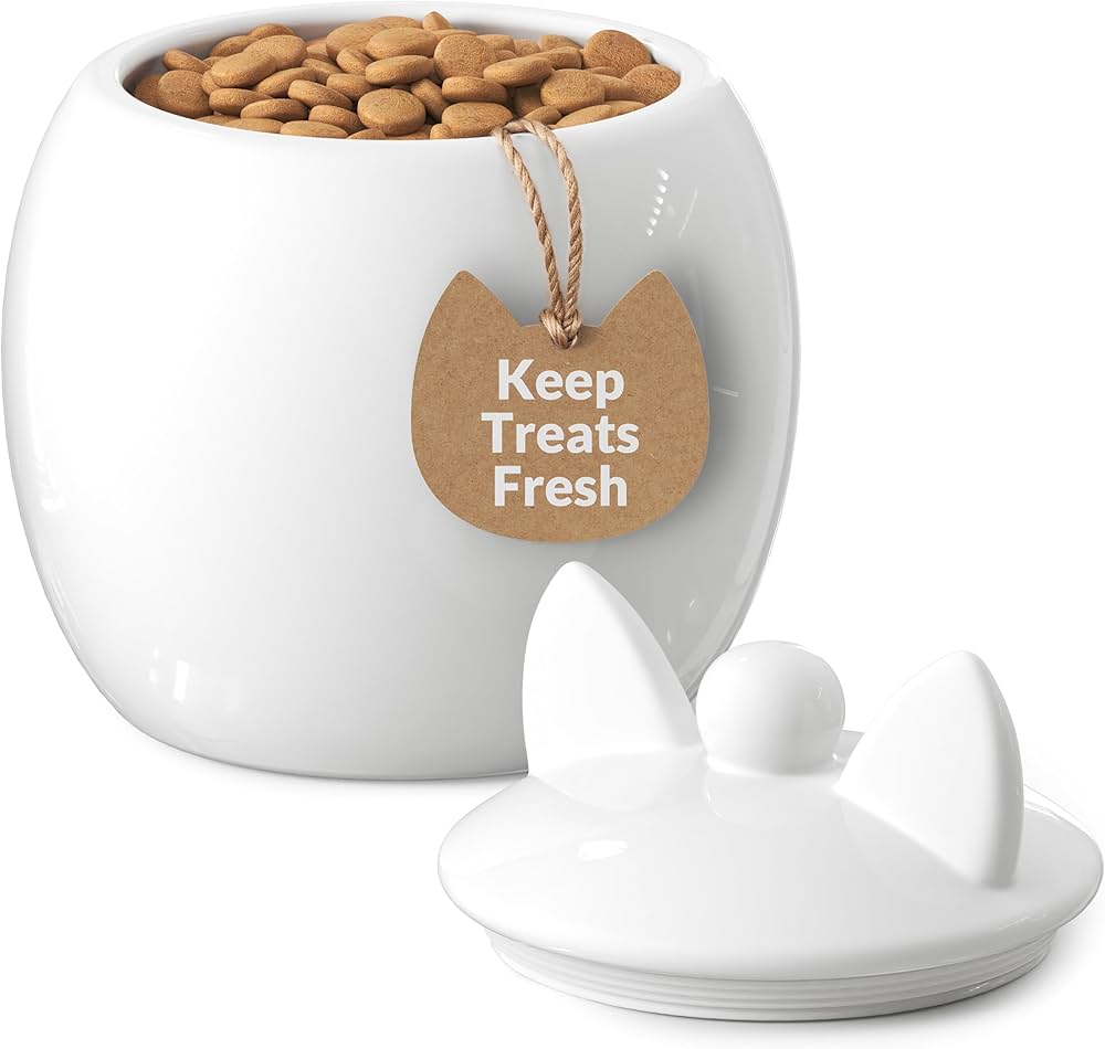 Barnyard Designs Cat Treat Container – Airtight Ceramic Treat Jar with Lid, Large White Pet Treat Canister for Kitchen Counter (Cat)