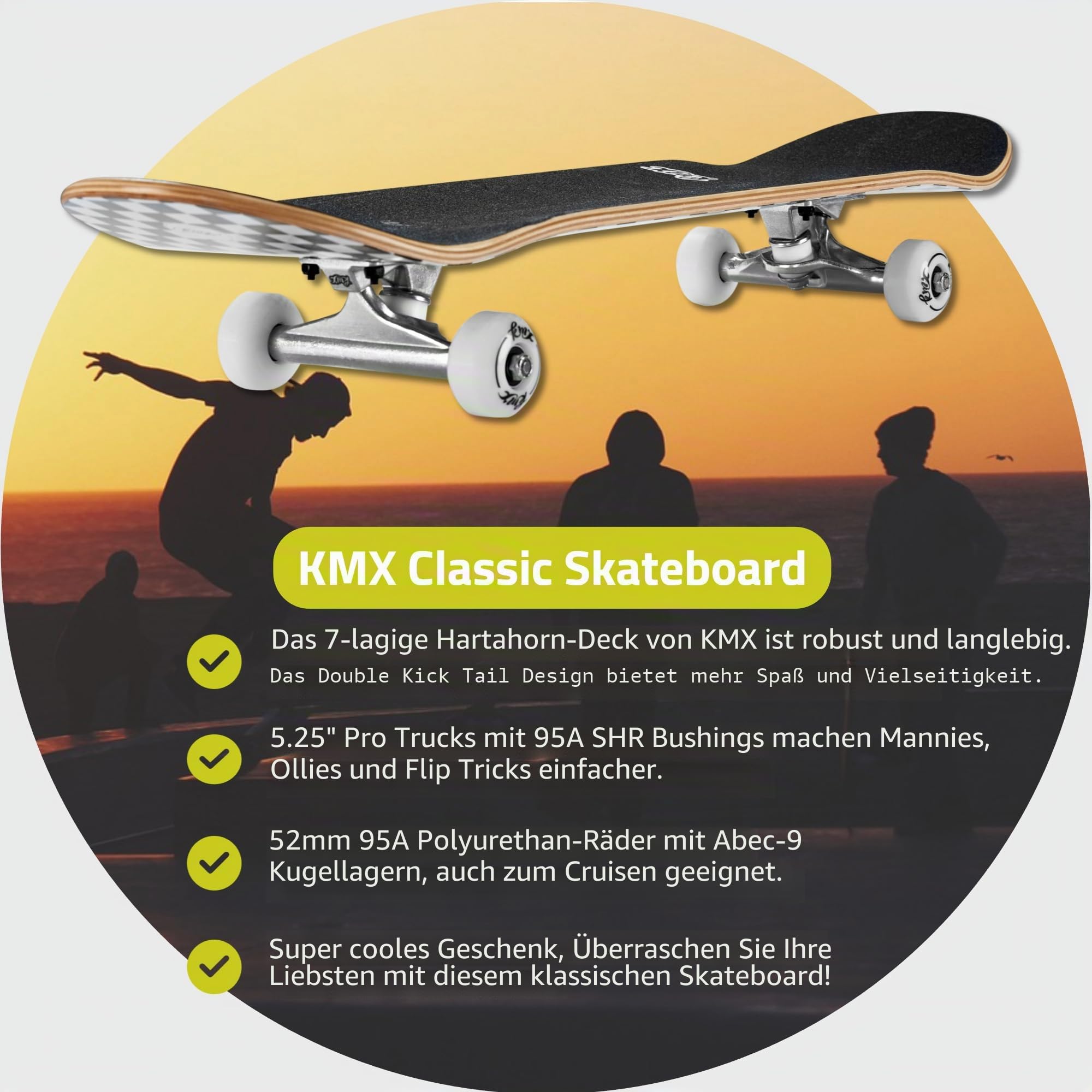 KMX Komplett Anfänger Skateboard mit coolem Design, Skate-Tool | für Jungen,Mädchen,Kinder,Schüler,Erwachsene,7-Lagiges Ahorn-Deck,Double Kick Concave,Aluminium-Achsen,PU-Rollen