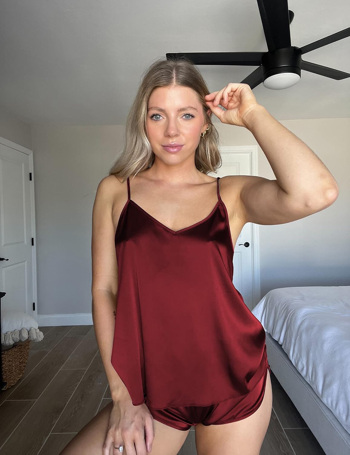 Ekouaer Silk Pajamas for Women Satin Cami Pjs Set V Neck Camisole Shorts Set Adjustable Strap Sleepwear - Image 4