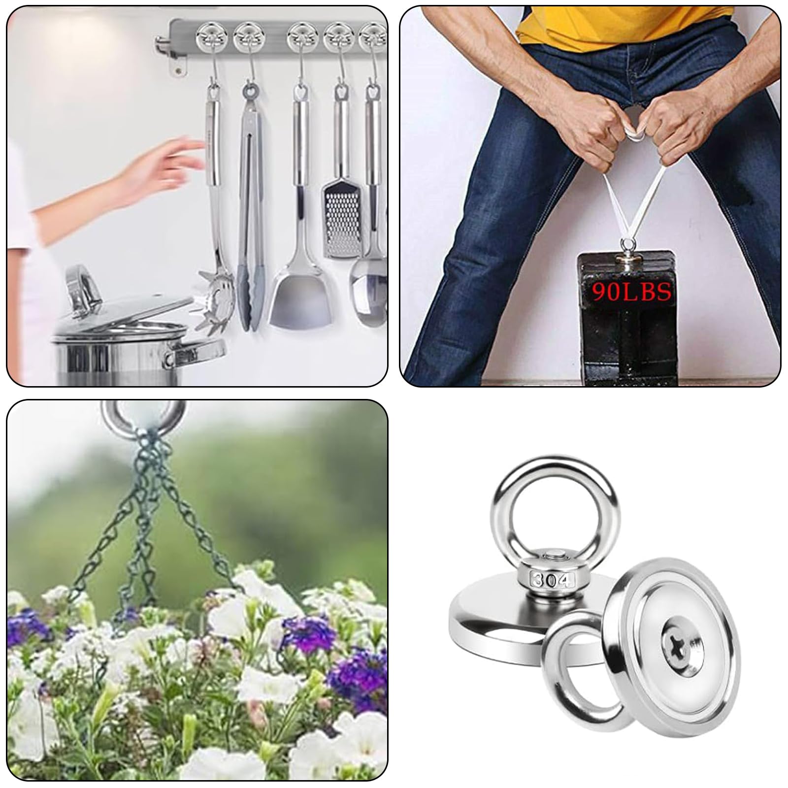 Silne magnesy, 4 sztuki, silne magnesy neodymowe 32 mm, haczyki neodymowe, magnesy neodymowe z oczkami, haczyki magnetyczne z haczykami, do lodówek, kuchni, garażu, na kemping