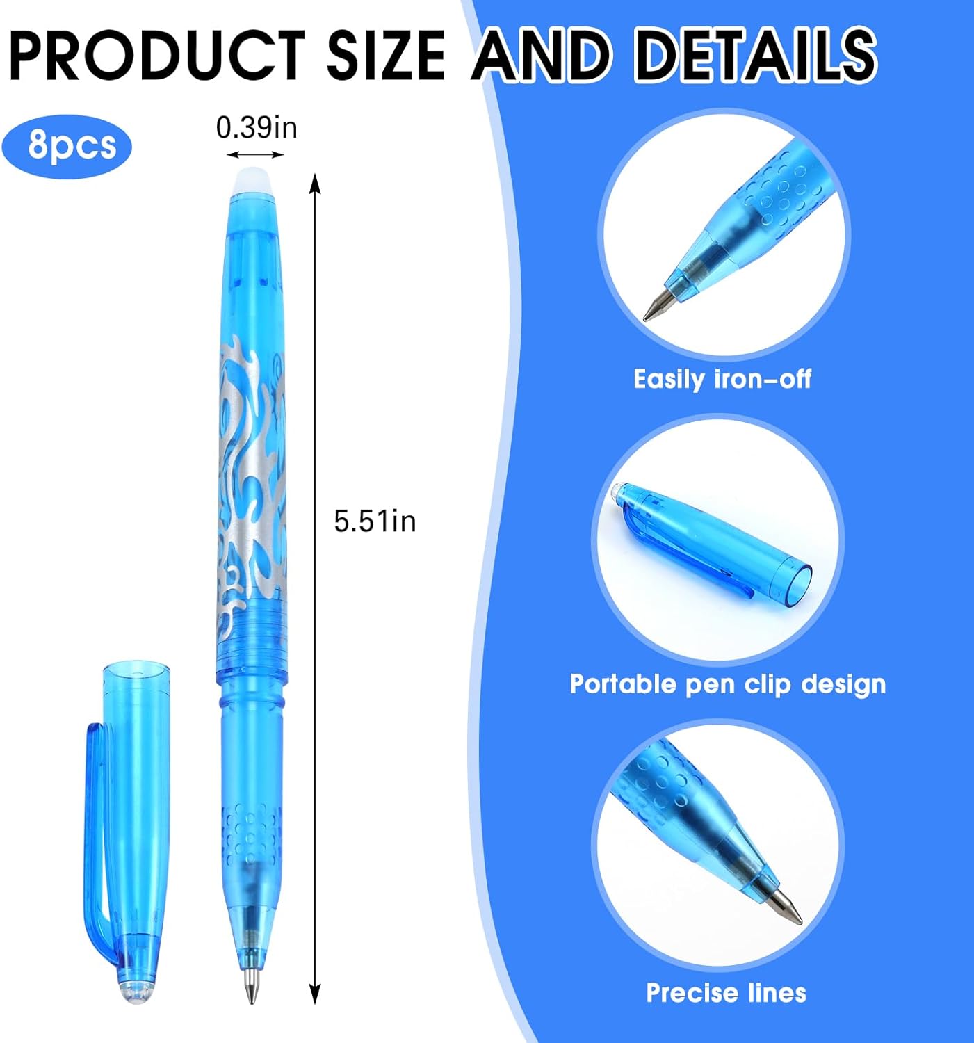 8pcs Heat Erasable Pens for Fabric, Disappearing Ink No Ghost Lines | Sewing Marking Pens for Precise Marking to Quilting Sewing Embroidery DIY Dressmaking Fabrics Tailors Chalk