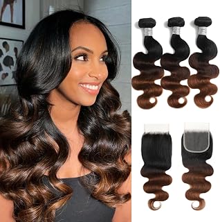 Chestnut Brown Ombre Bundles with Closure Human Hair Body Wave, 12A T1B/2/30 Medium Brown 3 Tone Colored Human Hair 3 Bundles with 4x4 HD Lace Closure Free Part Brazilian Virgin Remy 16 18 20+14