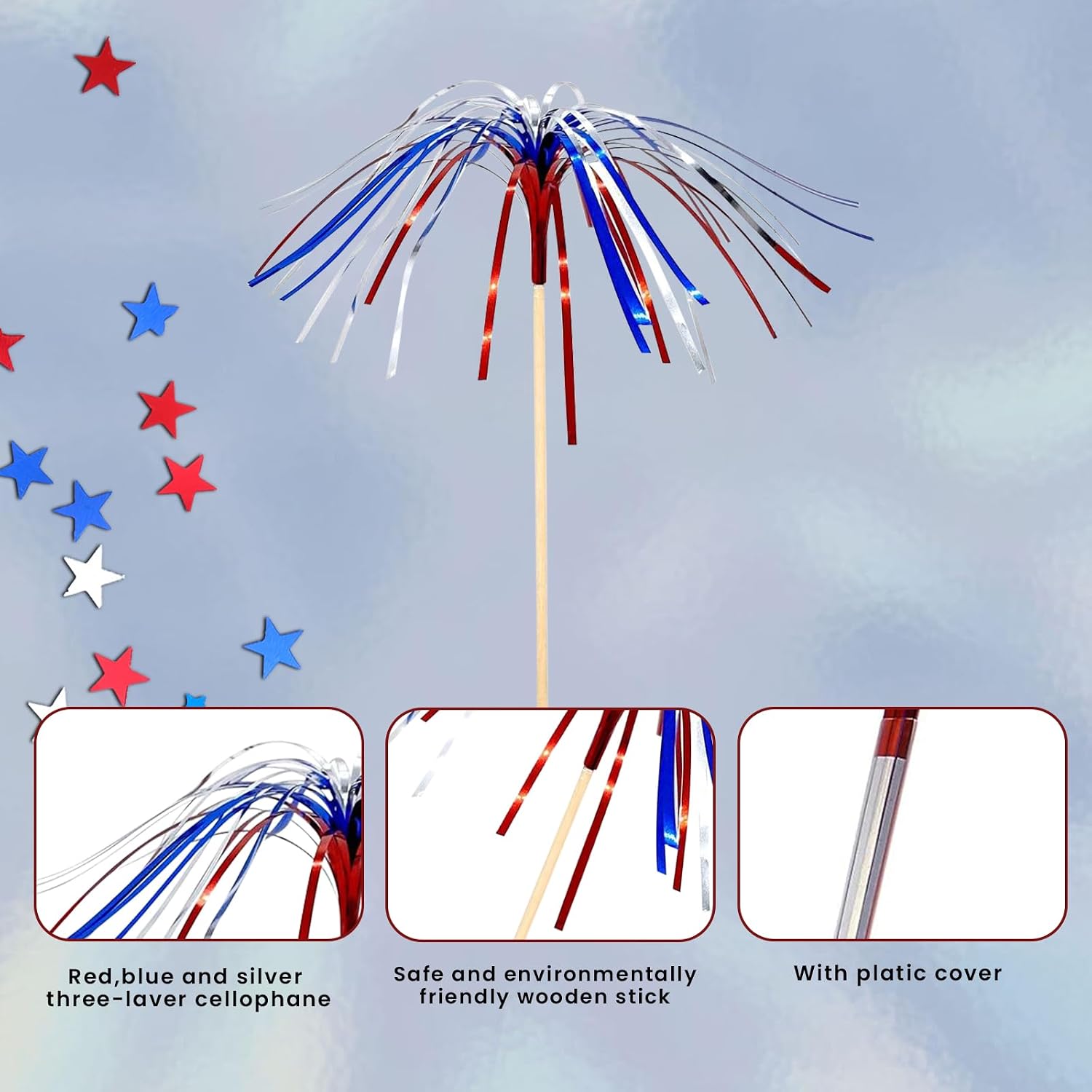 100 Pack 4th of July Cocktail Picks,6inch Patriotic Fireworks Toothpicks for Appetizers,Red White Blue Bamboo Skewers Foil Cupcake Toppers Drink Sticks for Independence Day Party Decorations