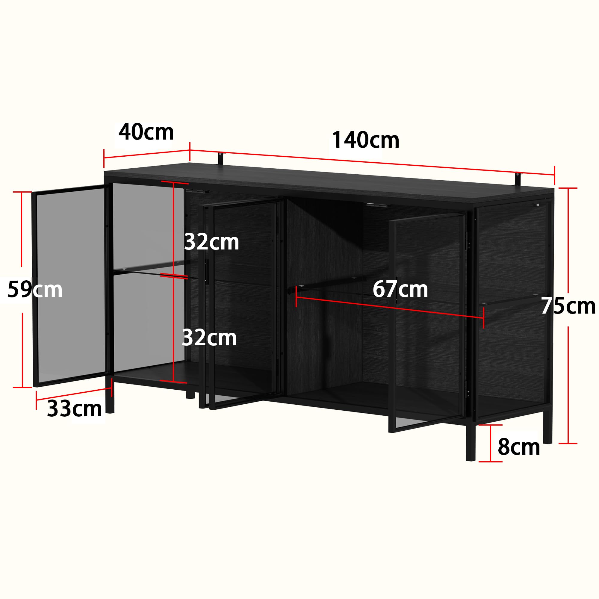 Vetrina credenza in vetro, credenza in vetro a 2 ante con telaio in ferro, vetrina in vetro con strisce luminose a 3 colori, 40 x 140 x 75 cm, nero