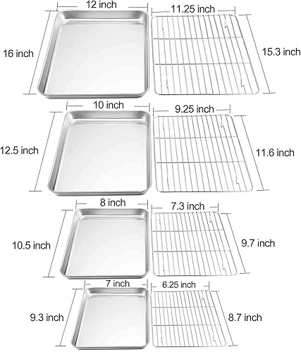 Miniatura 4 de TeamFar Juego de 8 bandejas para hornear con estante, bandejas para hornear de acero inoxidable con estante de enfriamiento, no tóxicas y