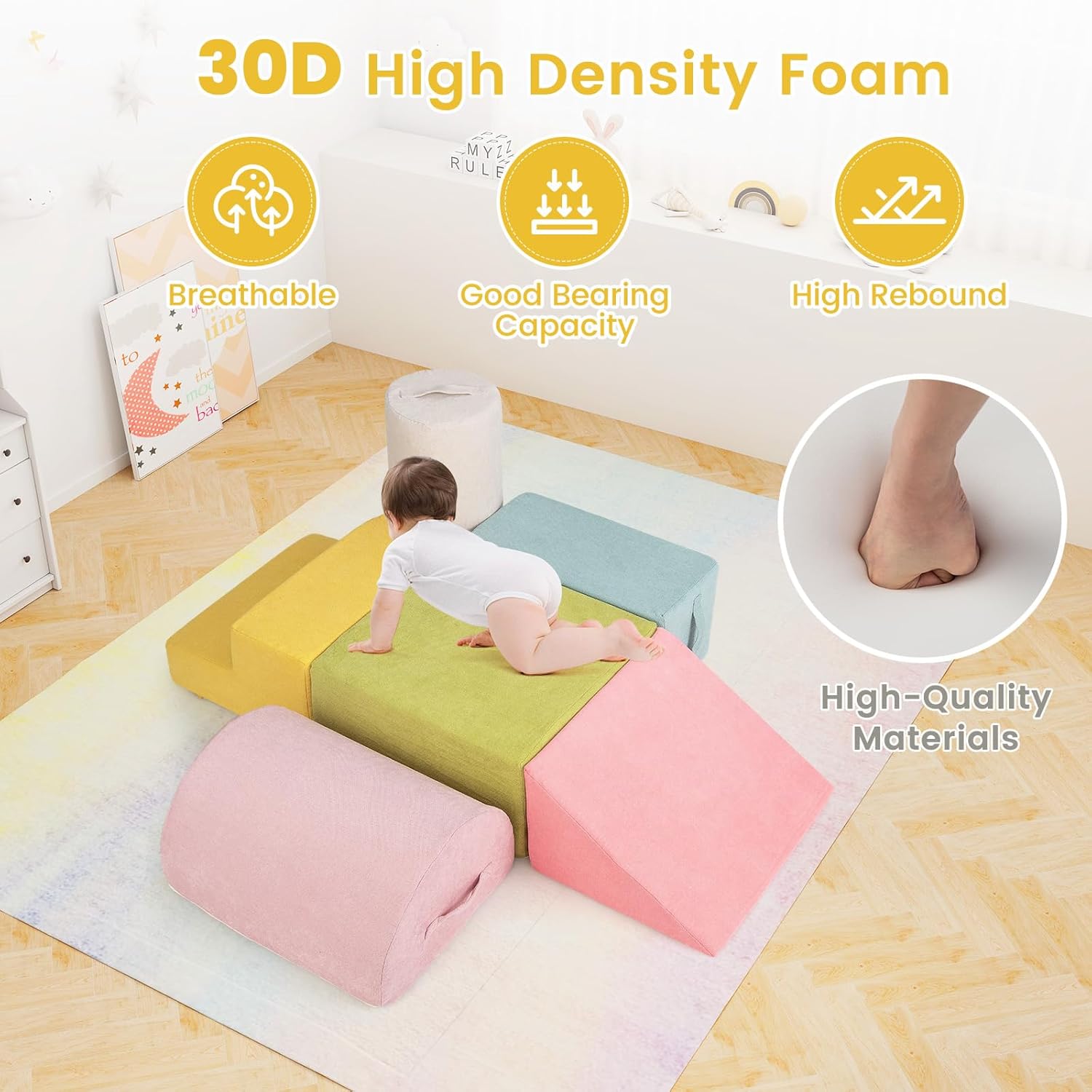 INFANS Climbing Toys for Toddlers, 6pc Kids Climb and Crawl Soft Foam Block Activity Structure Play Set with Chenille Fabric, Indoor Foam Play Gym for Baby Crawling and Sliding