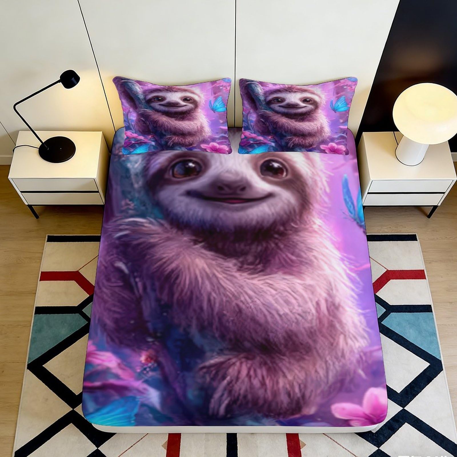 3D Printed Cartoon Sloth Fitted Sheet Microfiber Soft Purple Jungle Mattress Cover for Bedroom Dorm Decor Protection 90x200x25cm